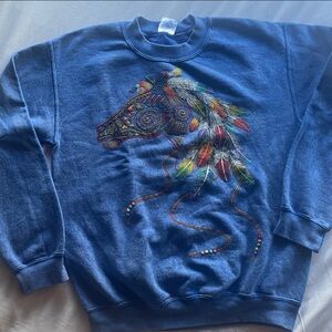 Blue Men's Graphic Sweatshirt with Colorful Horse Design